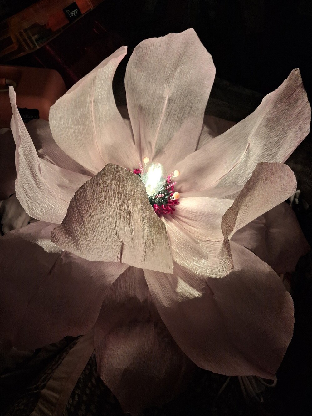 Handcrafted Giant Pink Italian Crepe Paper Flower Hanging Lamp, LED